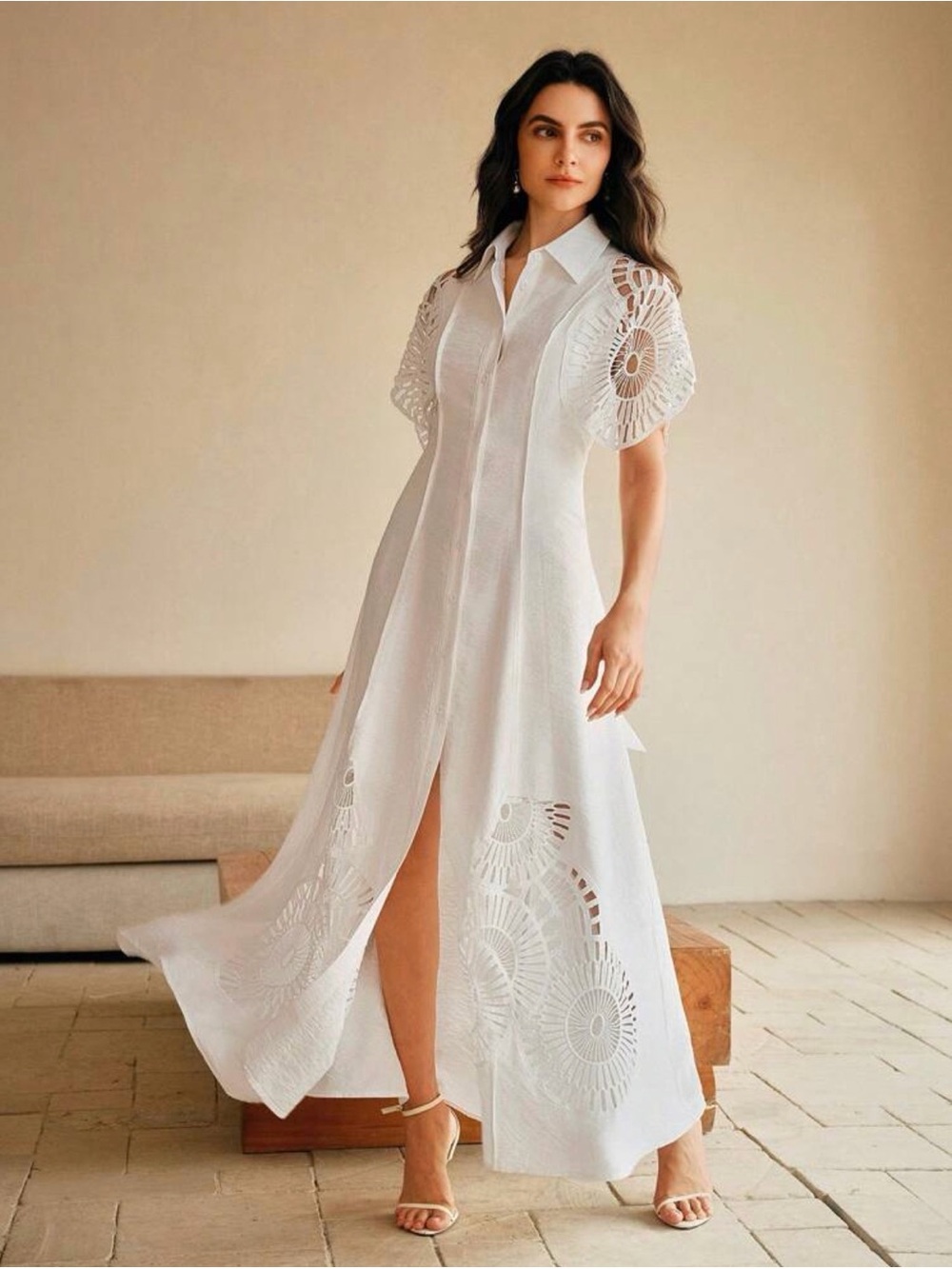 White Button-Front Eyelet Maxi Dress - Picture 4 of 6